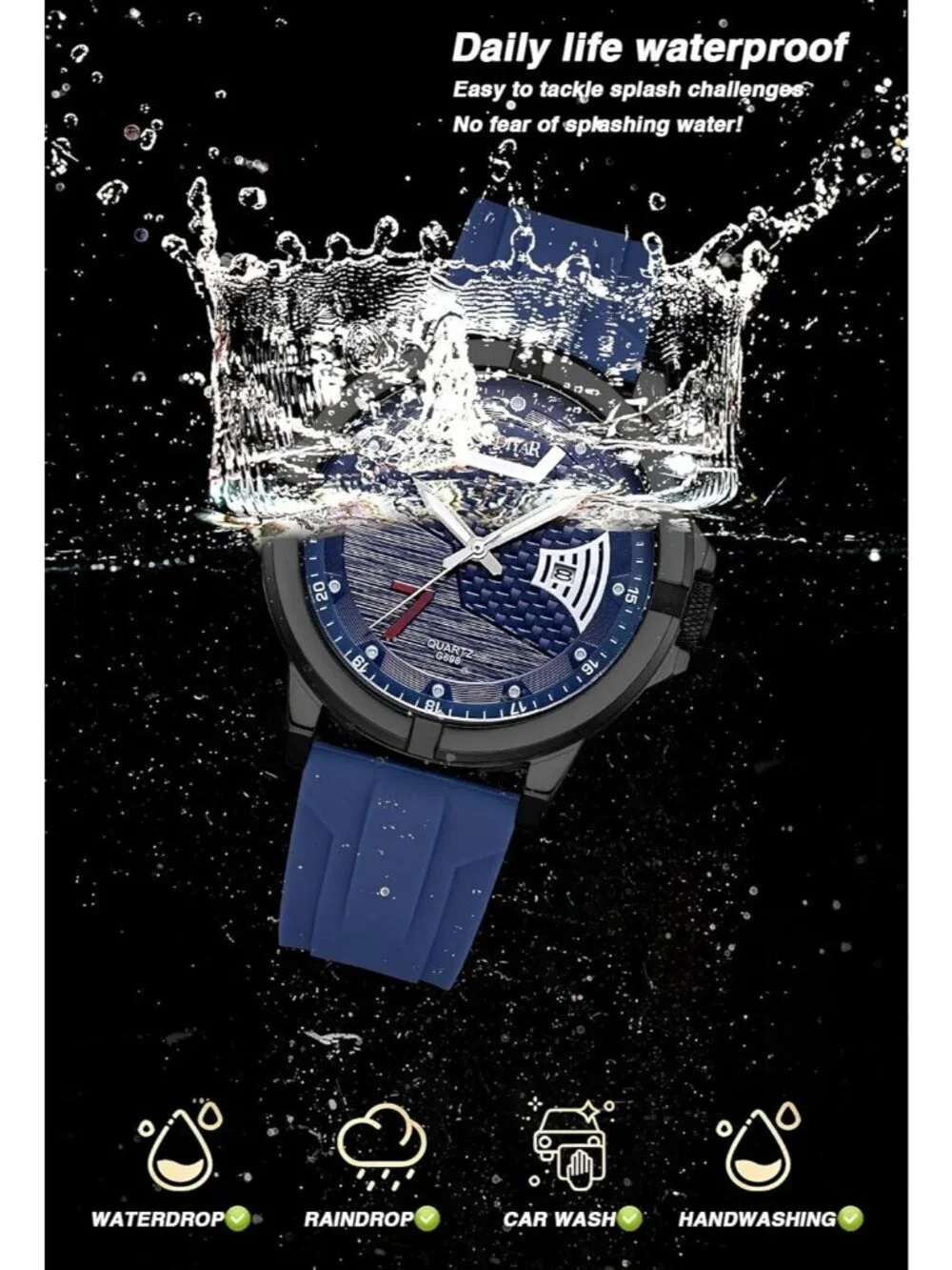 Men's All Blue Analog Quartz Silicone Band Unique Design Waterproof Wrist Watch
